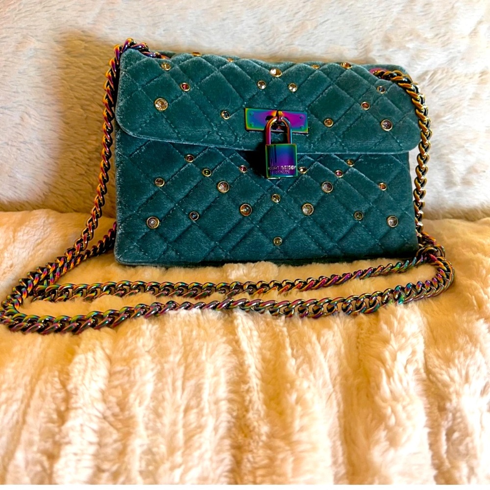 Kurt Geiger Quilted Teal Velvet Crossbody Brixton